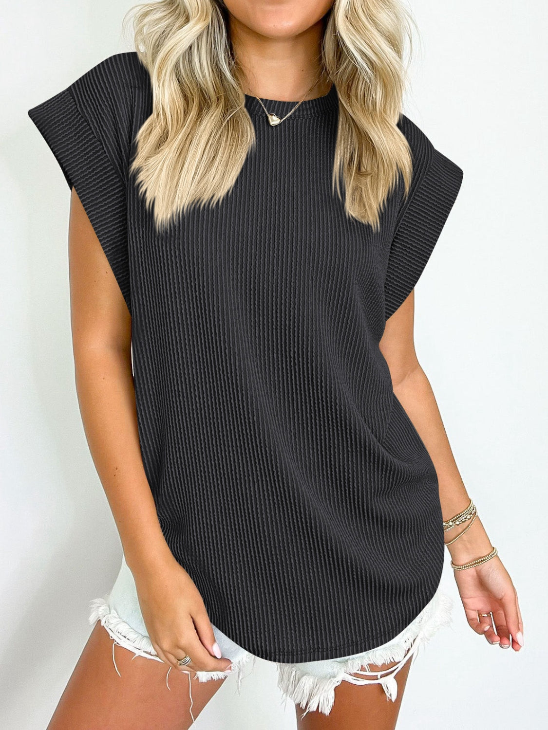 Zephariel Textured Round Neck Cap Sleeve Blouse