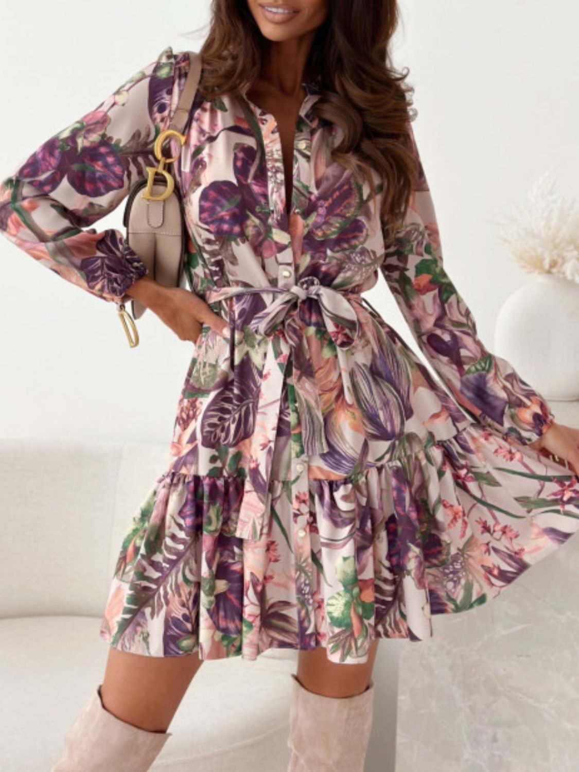 Zephariel Ruffle Hem Floral Long Sleeve Dress