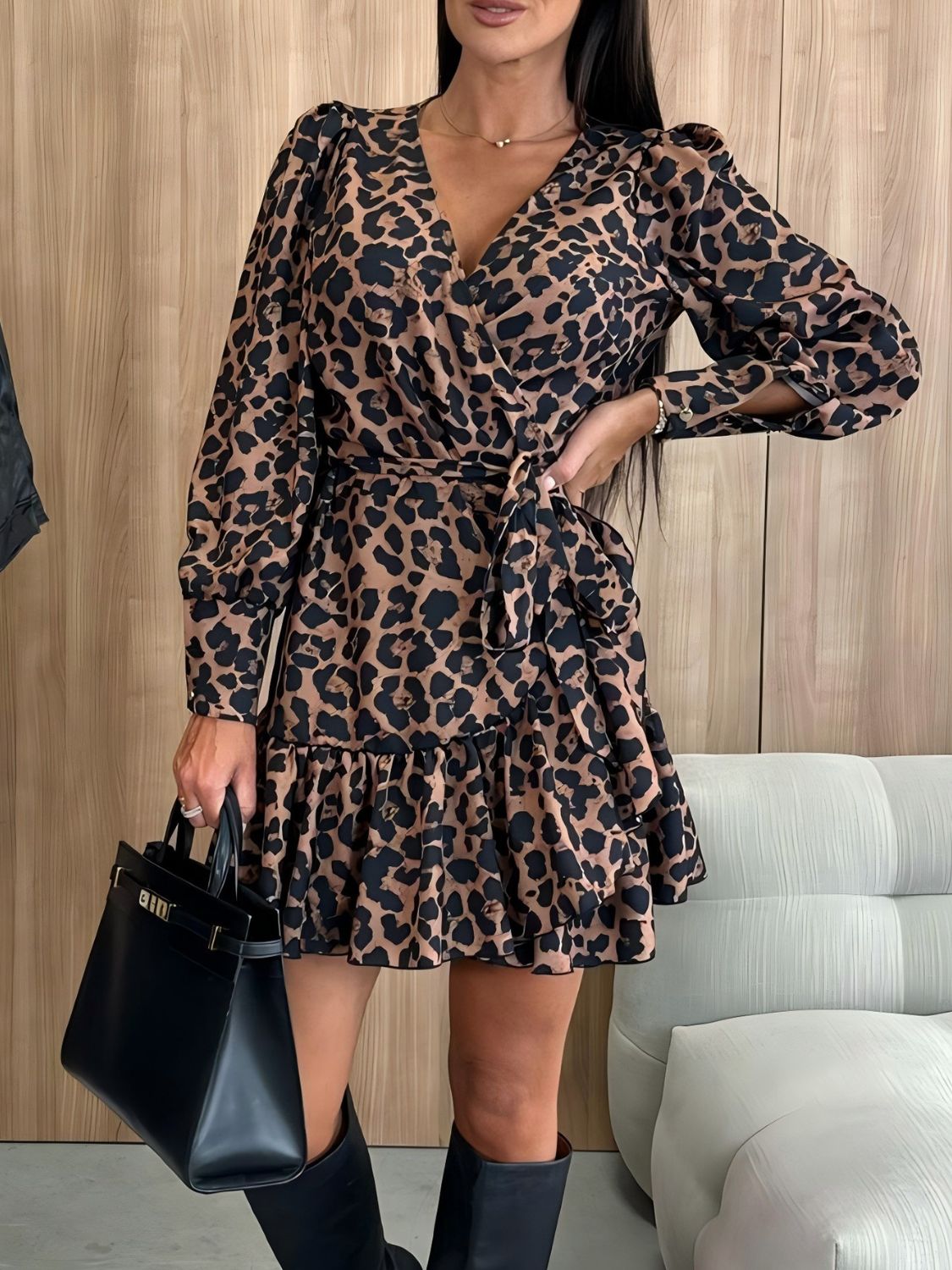 Zephariel Tied Leopard Surplice Long Sleeve Dress