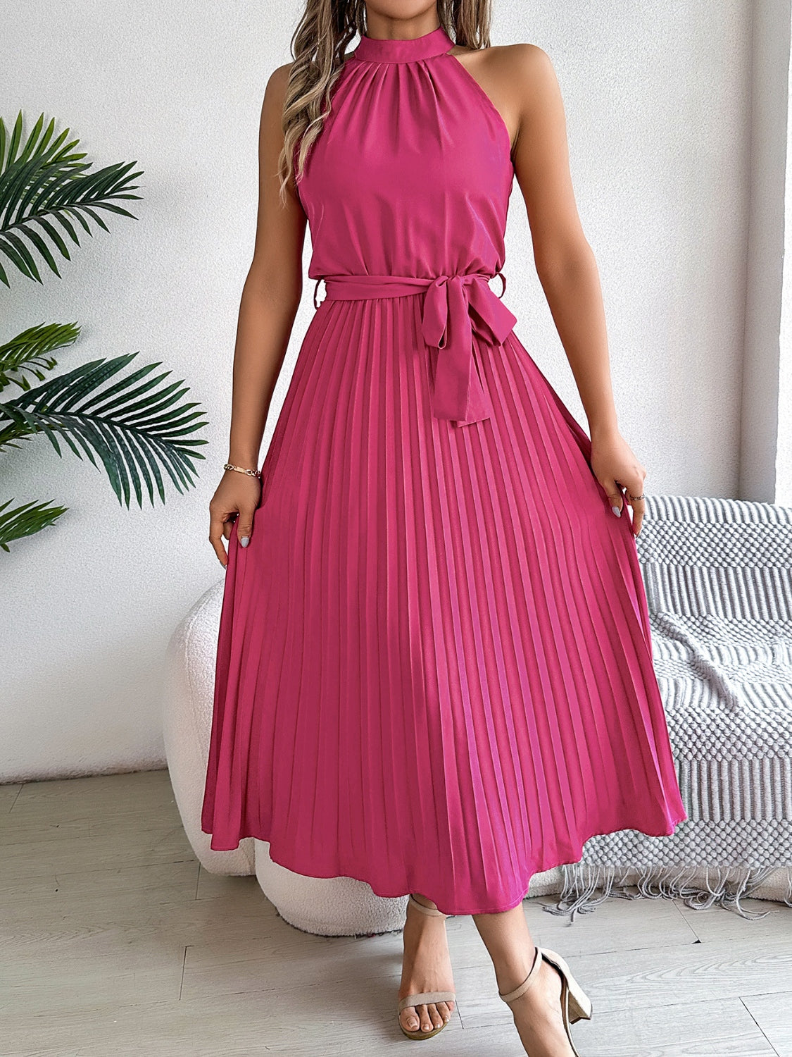 Zephariel Pleated Tie Waist Sleeveless Midi Dress