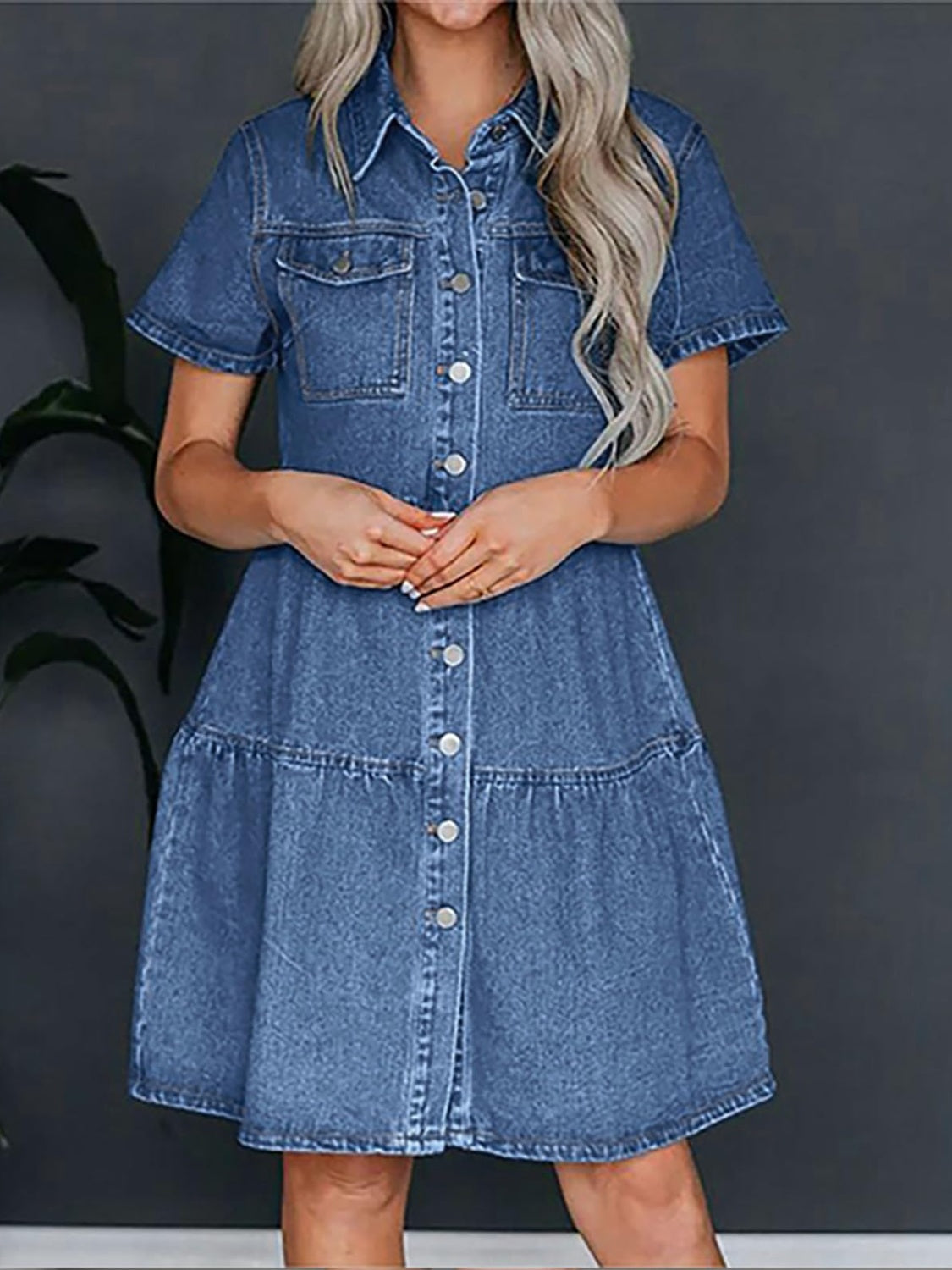 Zephariel Pocketed Button Up Collared Neck Short Sleeve Denim Dress