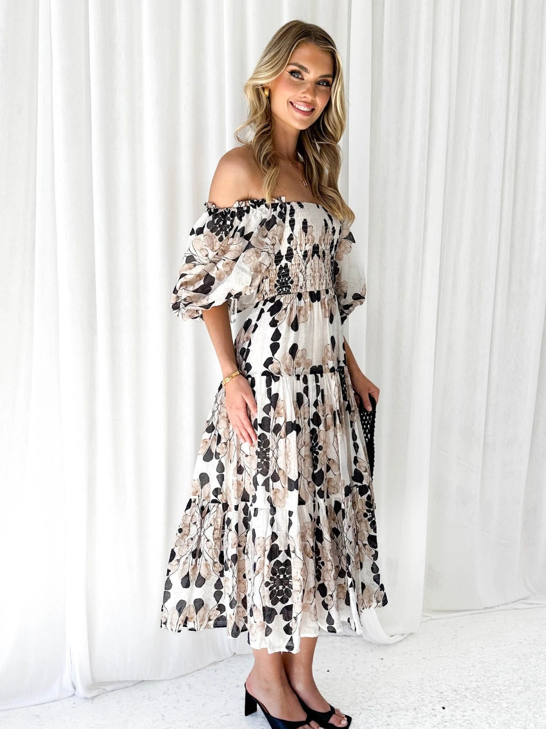 Zephariel Printed Smocked Off-Shoulder Tiered Dress