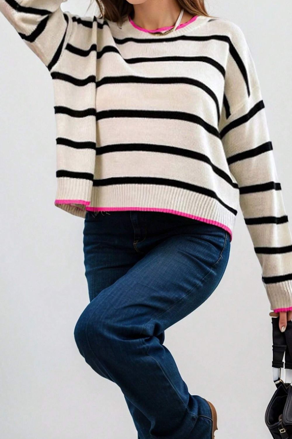 Zephariel Striped Round Neck Drop Shoulder Sweater