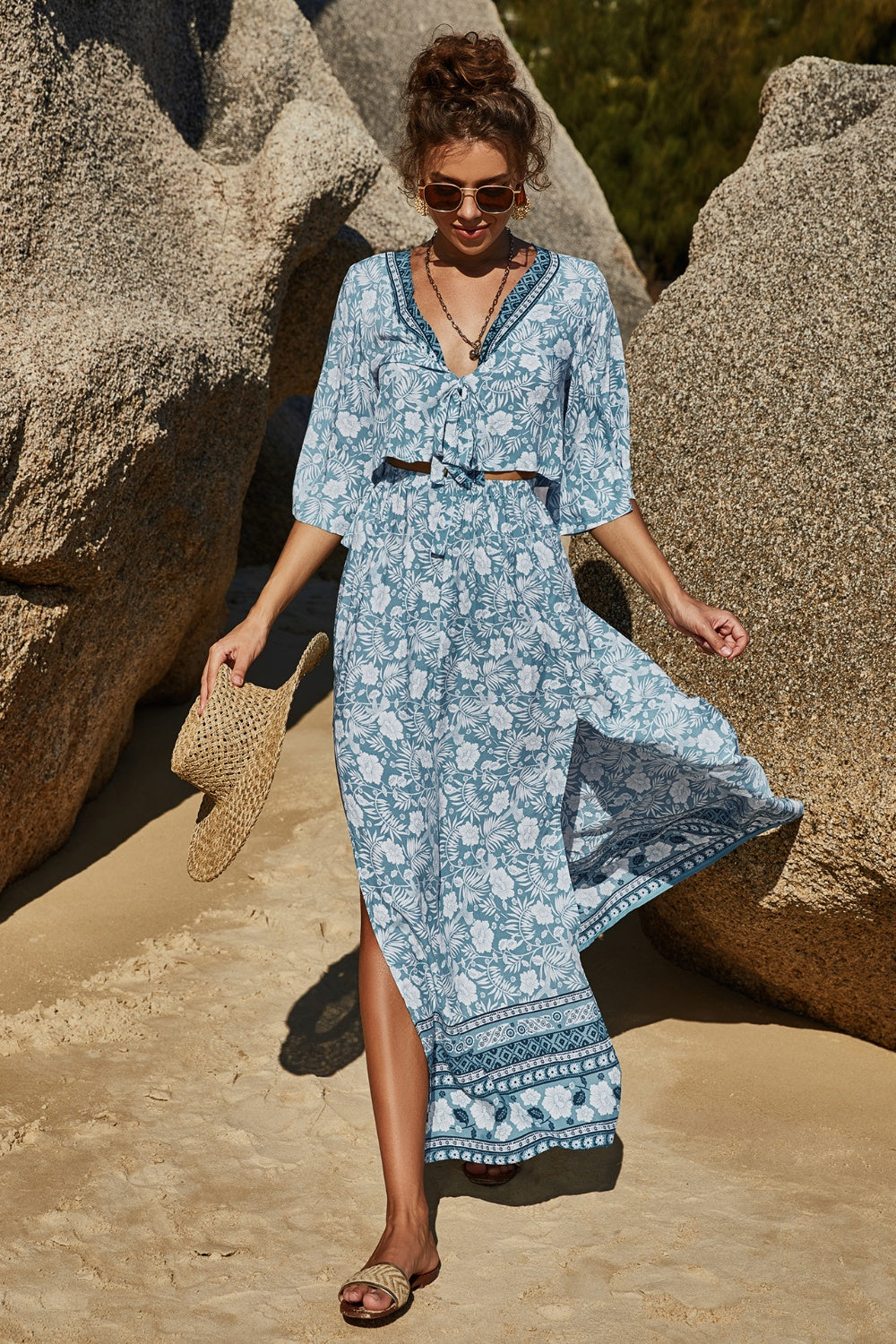 Zephariel Printed Half Sleeve Top and Slit Skirt Set