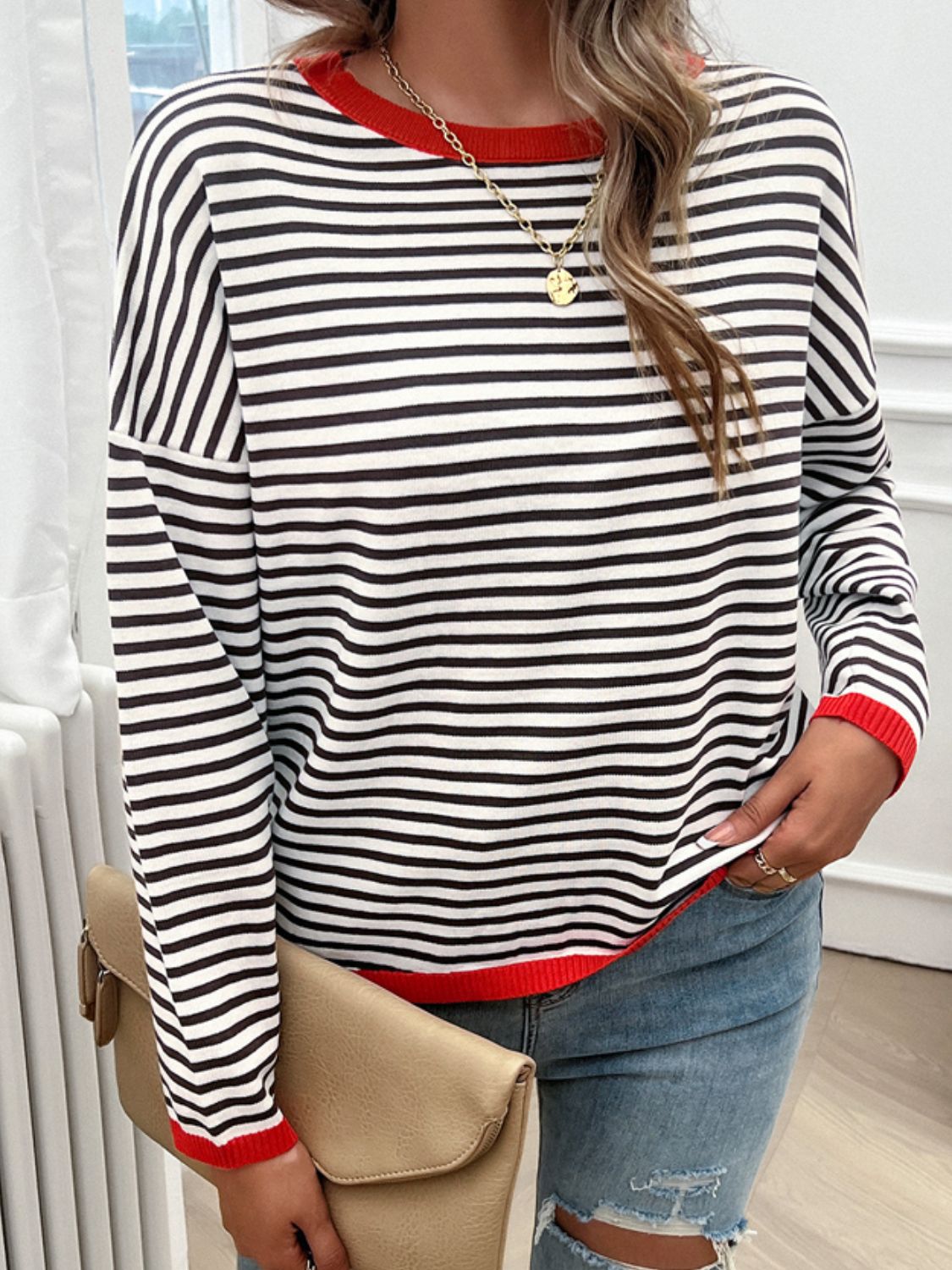 Zephariel Striped Round Neck Dropped Shoulder Sweater