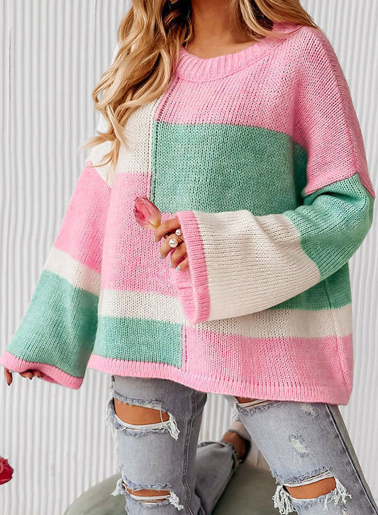 Zephariel Color Block Round Neck Drop Shoulder Sweater