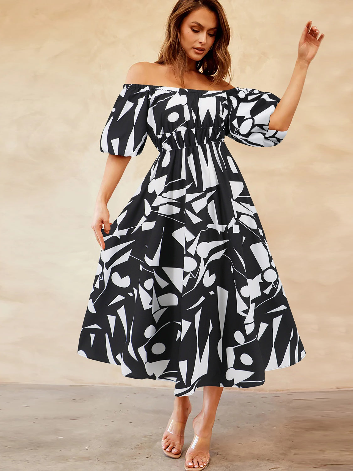 Zephariel Printed Off-Shoulder Balloon Sleeve Dress