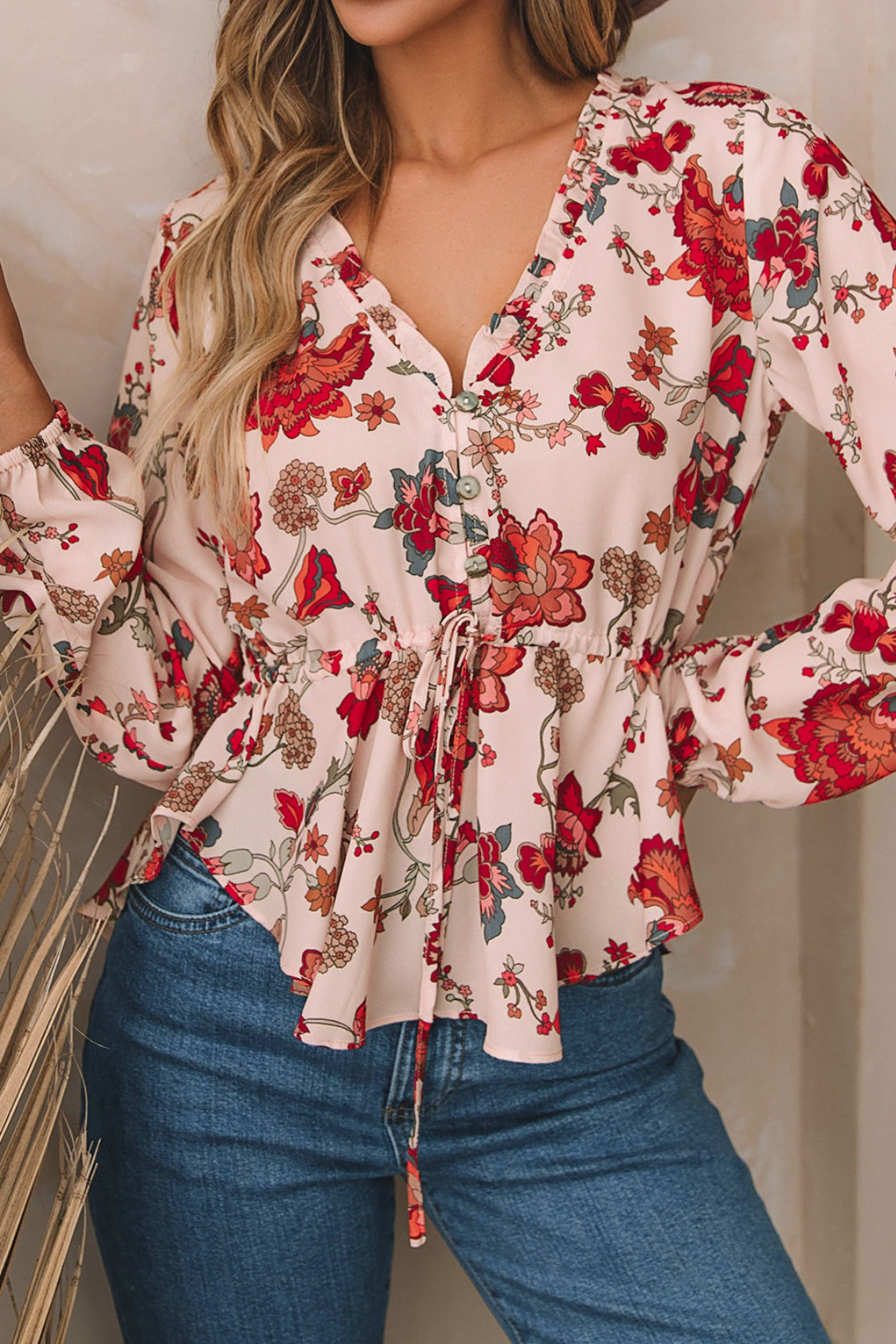 Zephariel Floral V-Neck Drawstring Peplum Blouse