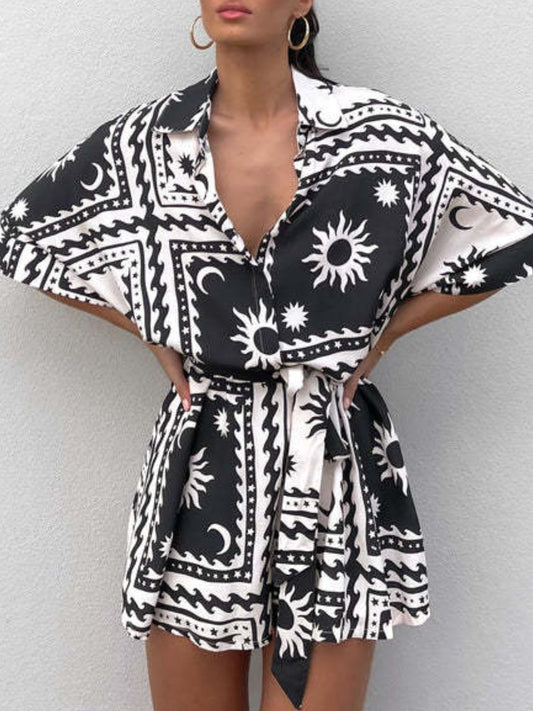 Zephariel Printed Tie Waist Half Sleeve Romper