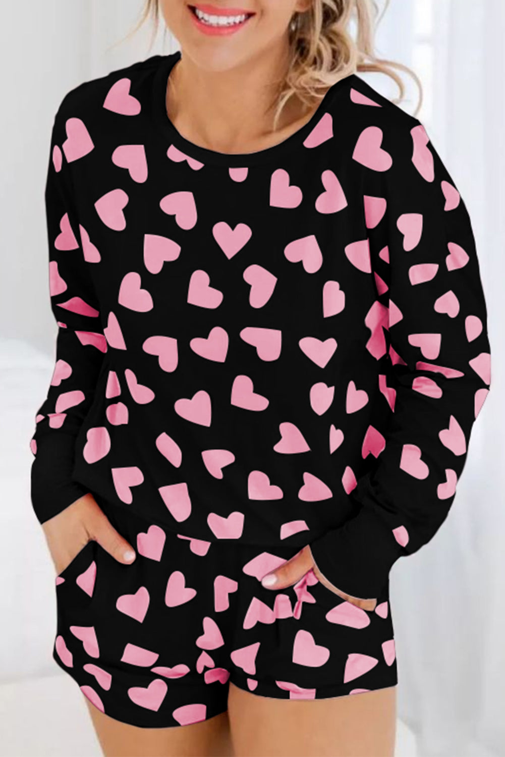 Zephariel Heart Print Long Sleeve Top and Shorts Lounge Set