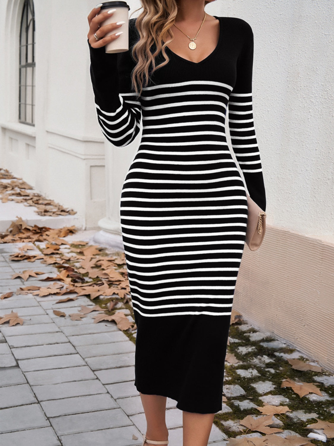 Zephariel Striped V-Neck Long Sleeve Sweater Dress