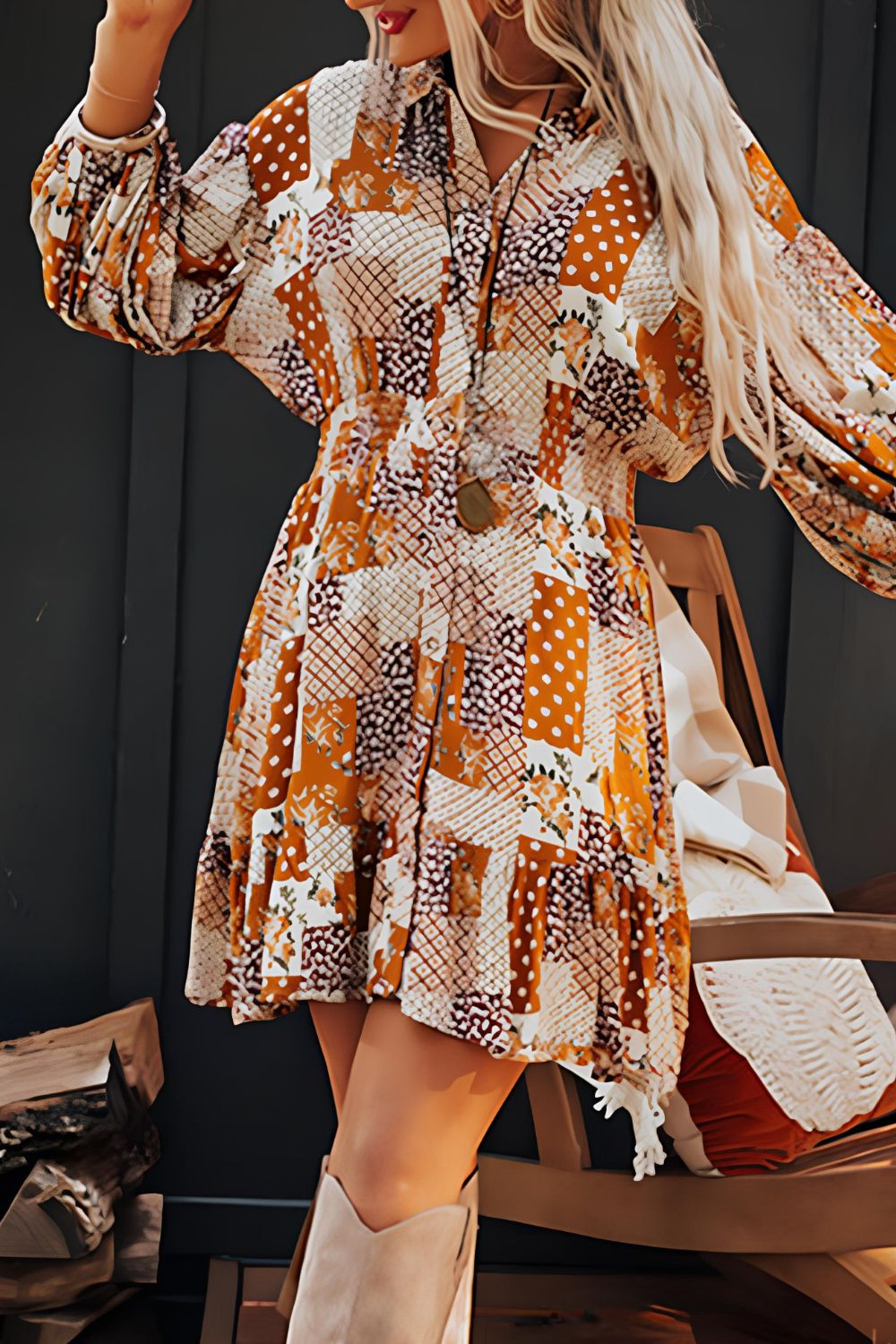 Zephariel Printed Collared Neck Three-Quarter Sleeve Mini Shirt Dress