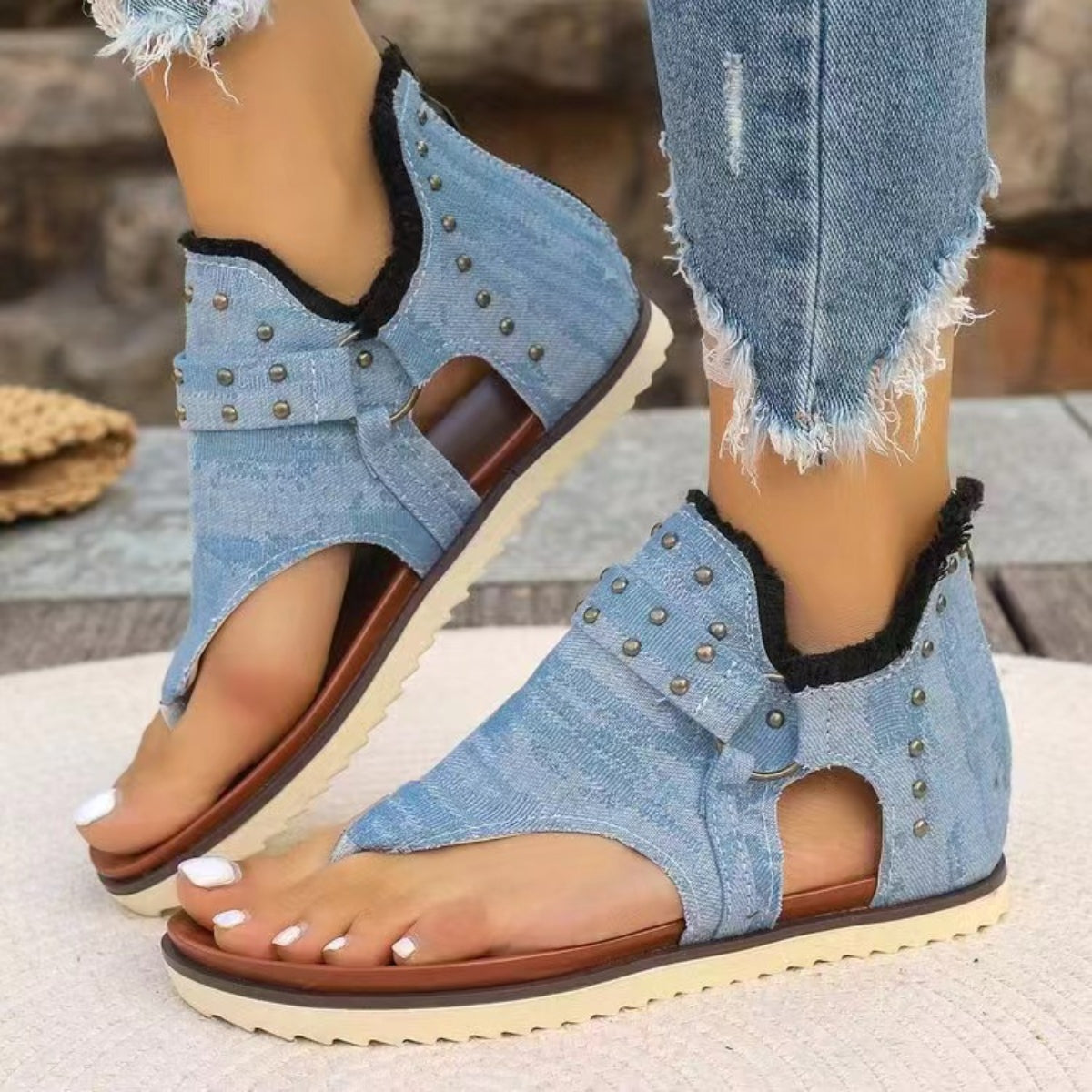 Zephariel Studded Raw Hem Flat Sandals