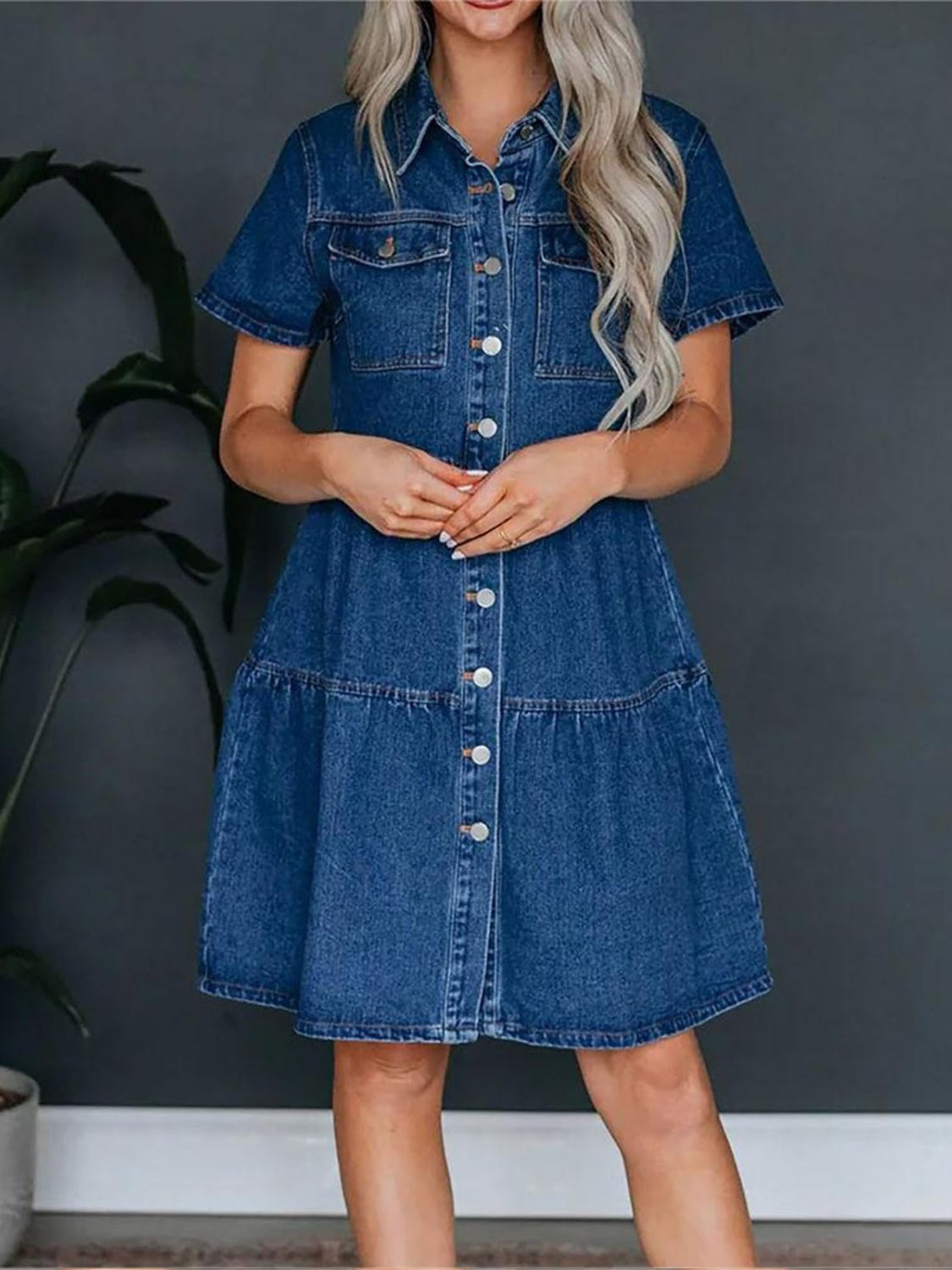 Zephariel Pocketed Button Up Collared Neck Short Sleeve Denim Dress