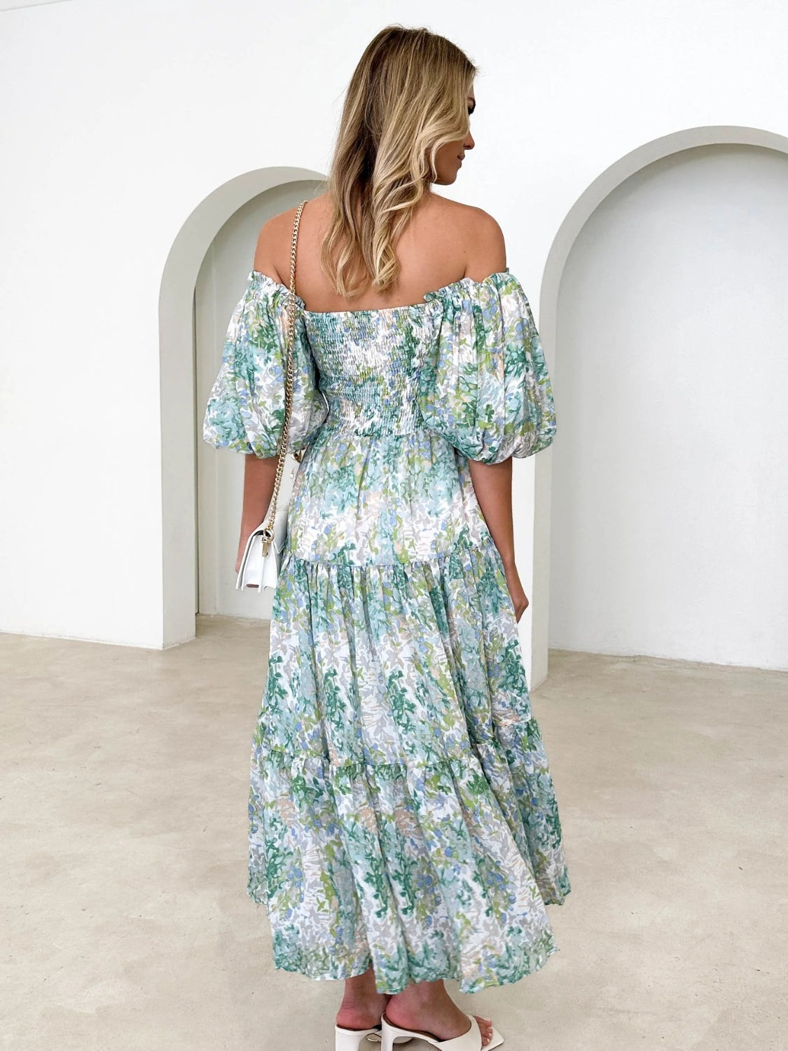 Zephariel Printed Smocked Off-Shoulder Tiered Dress