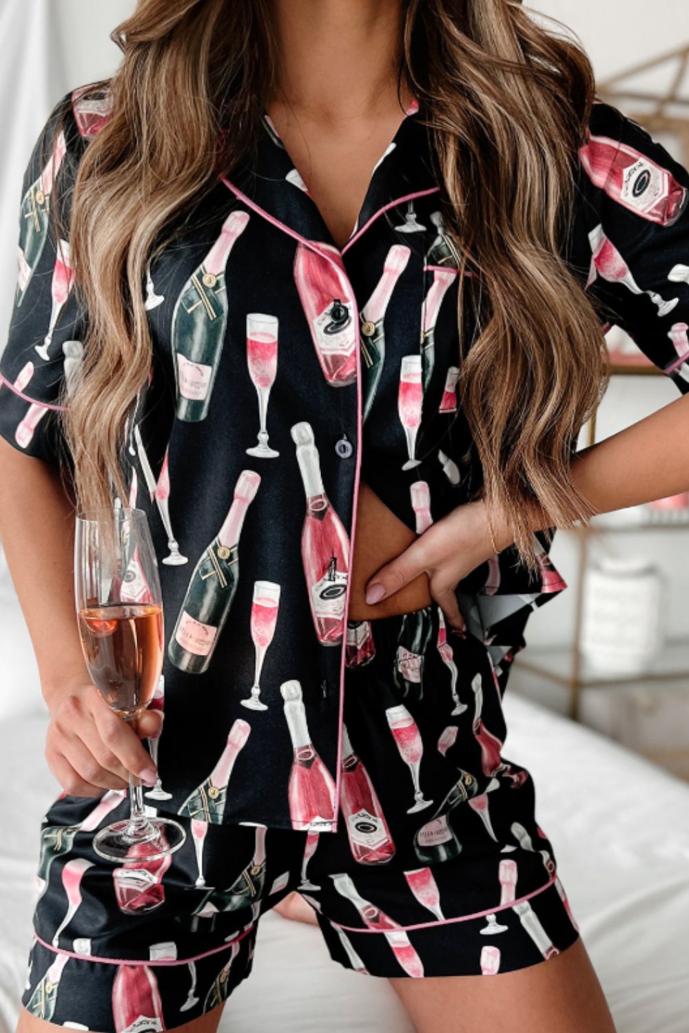 Zephariel Champagne Print Short Sleeve Top and Shorts Set