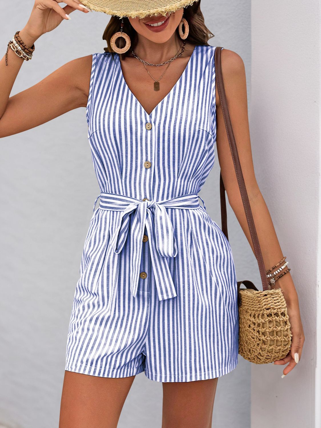 Zephariel Striped V-Neck Tie Waist Romper