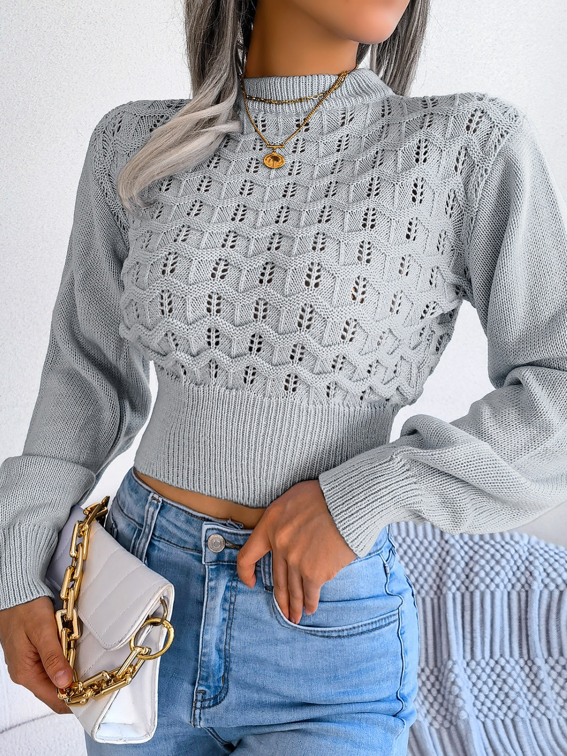 Zephariel Openwork Mock Neck Long Sleeve Cropped Sweater