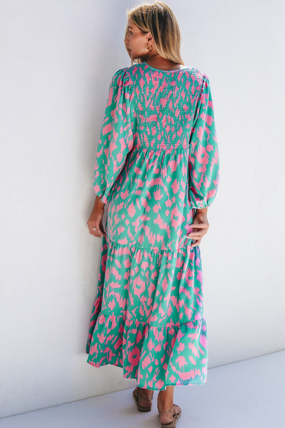 Zephariel Smocked Printed Tie Neck Long Sleeve Dress