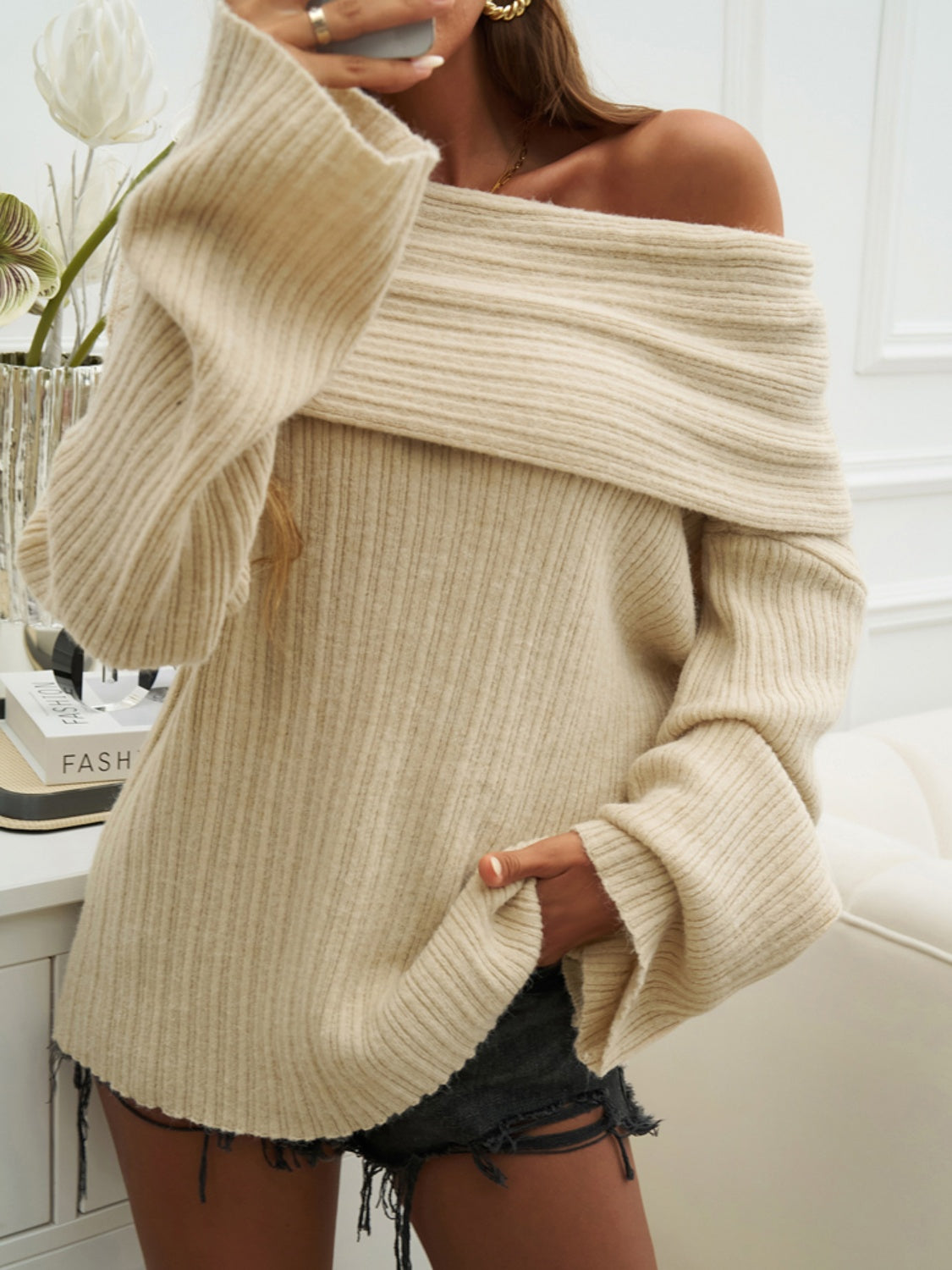 Zephariel Off-Shoulder Extra-Long Sleeve Sweater