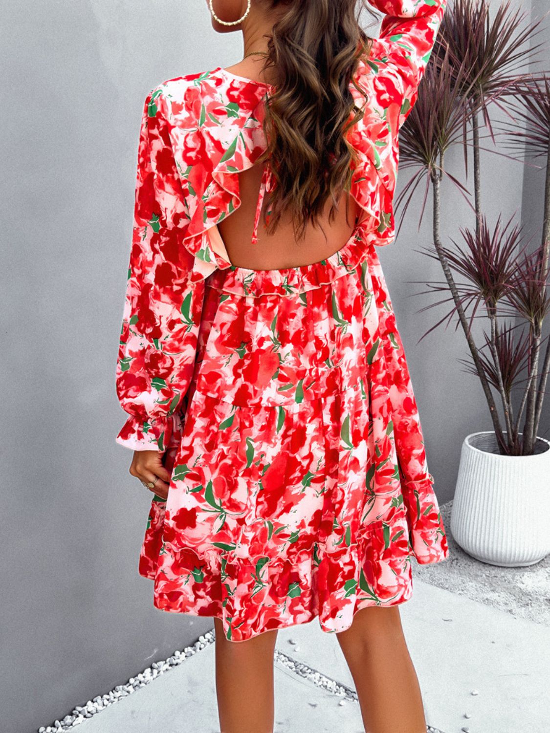 Zephariel Backless Printed V-Neck Flounce Sleeve Dress