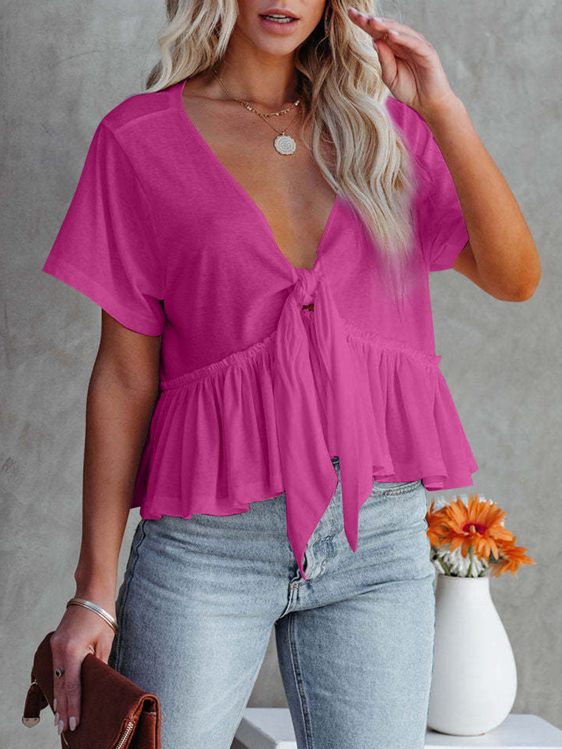 Zephariel Tied Plunge Short Sleeve Blouse