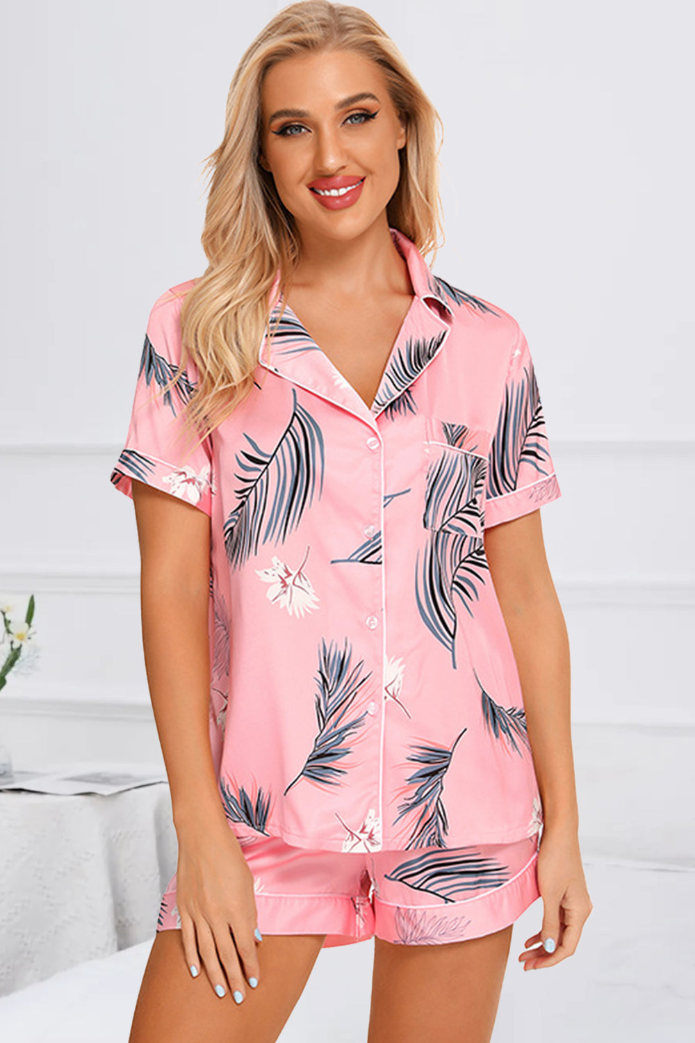 Zephariel Printed Button Up Short Sleeve Top and Shorts Lounge Set