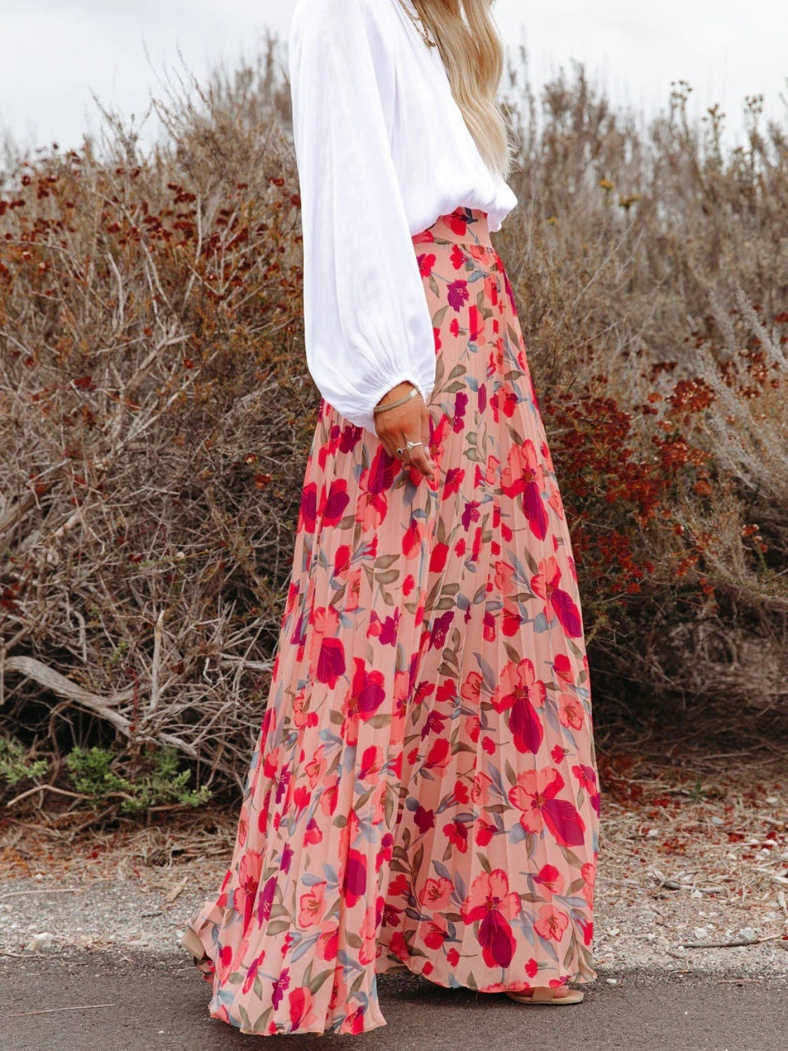 Zephariel Printed Elastic Waist Pleated Maxi Skirt