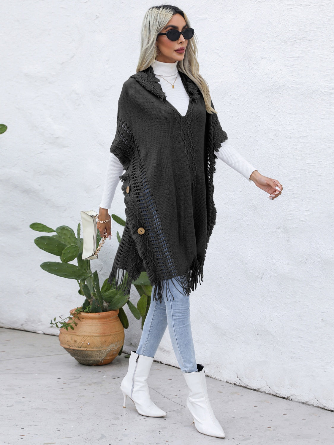 Zephariel Fringe Trim Buttoned Hooded Poncho