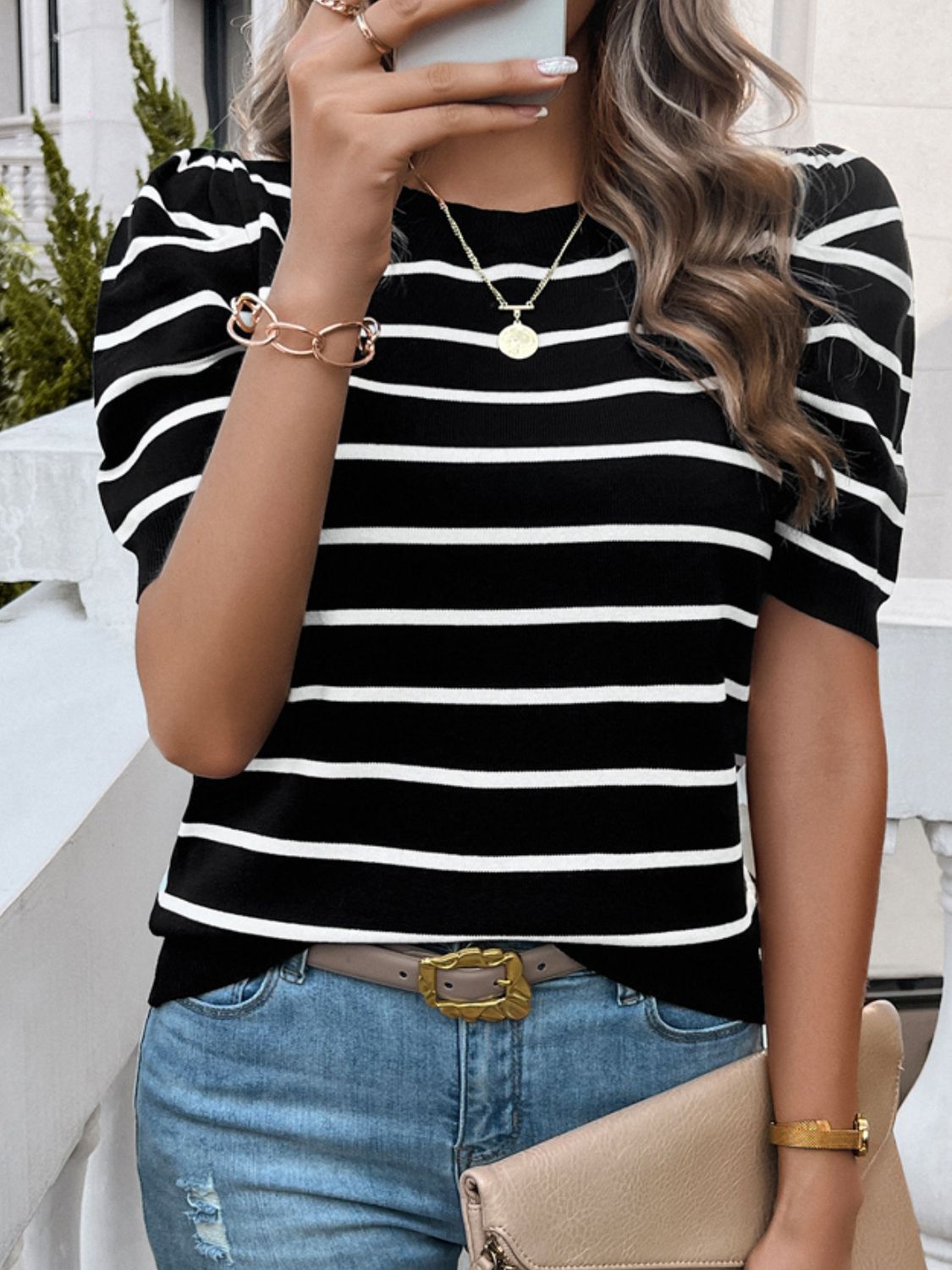 Zephariel Striped Round Neck Puff Sleeve Knit Top