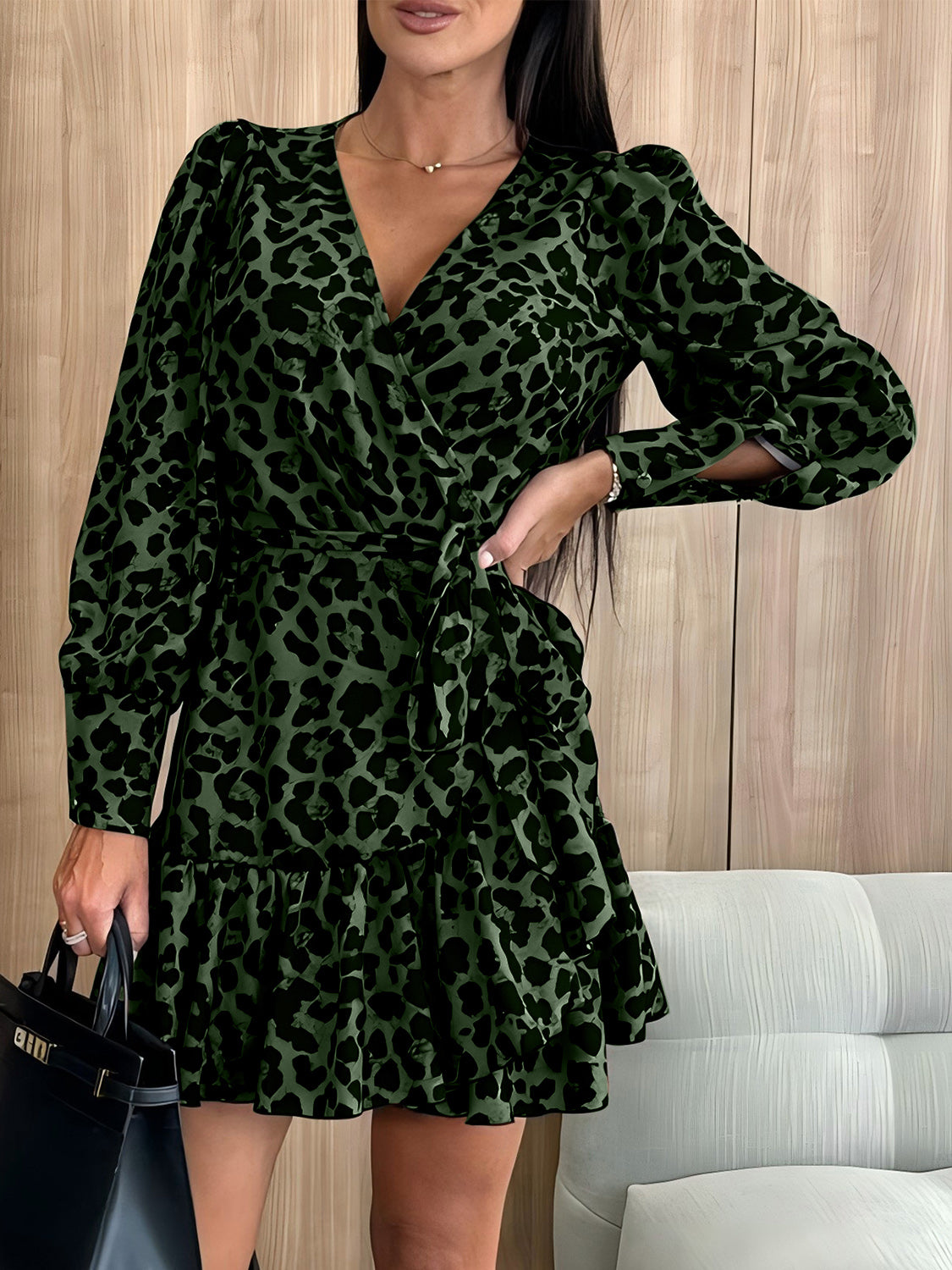 Zephariel Tied Leopard Surplice Long Sleeve Dress