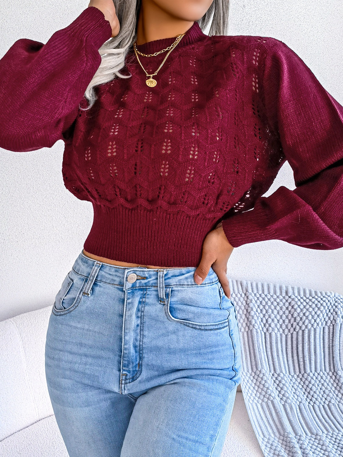 Zephariel Openwork Mock Neck Long Sleeve Cropped Sweater