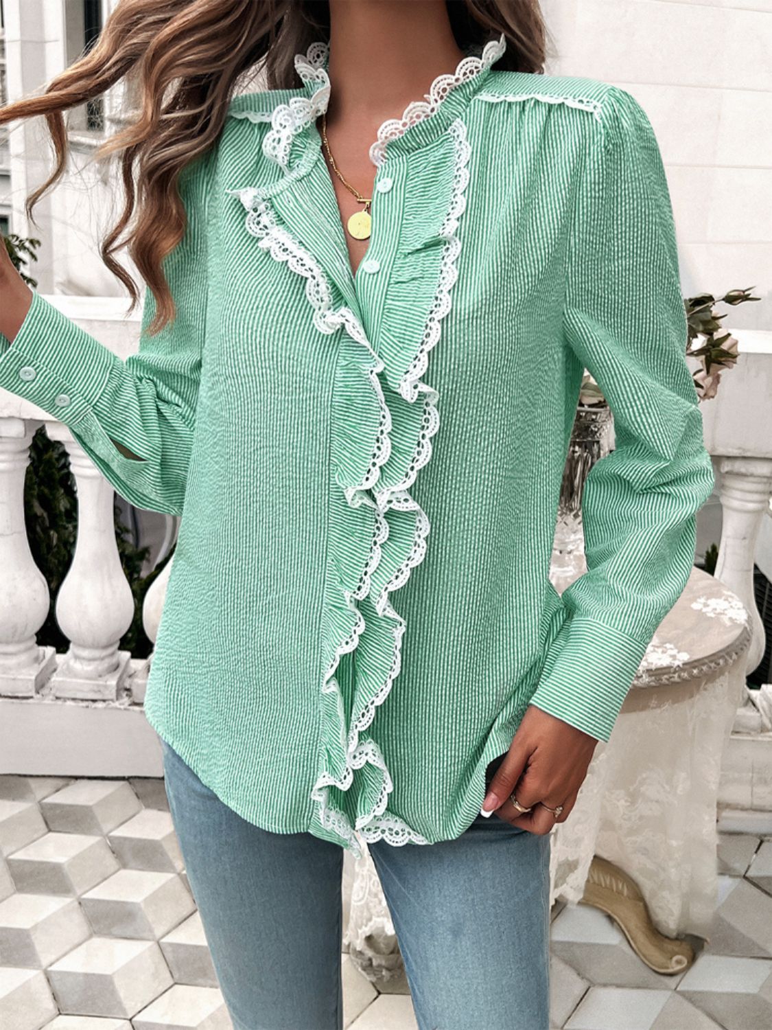 Zephariel Lace Detail Ruffled Round Neck Long Sleeve Shirt