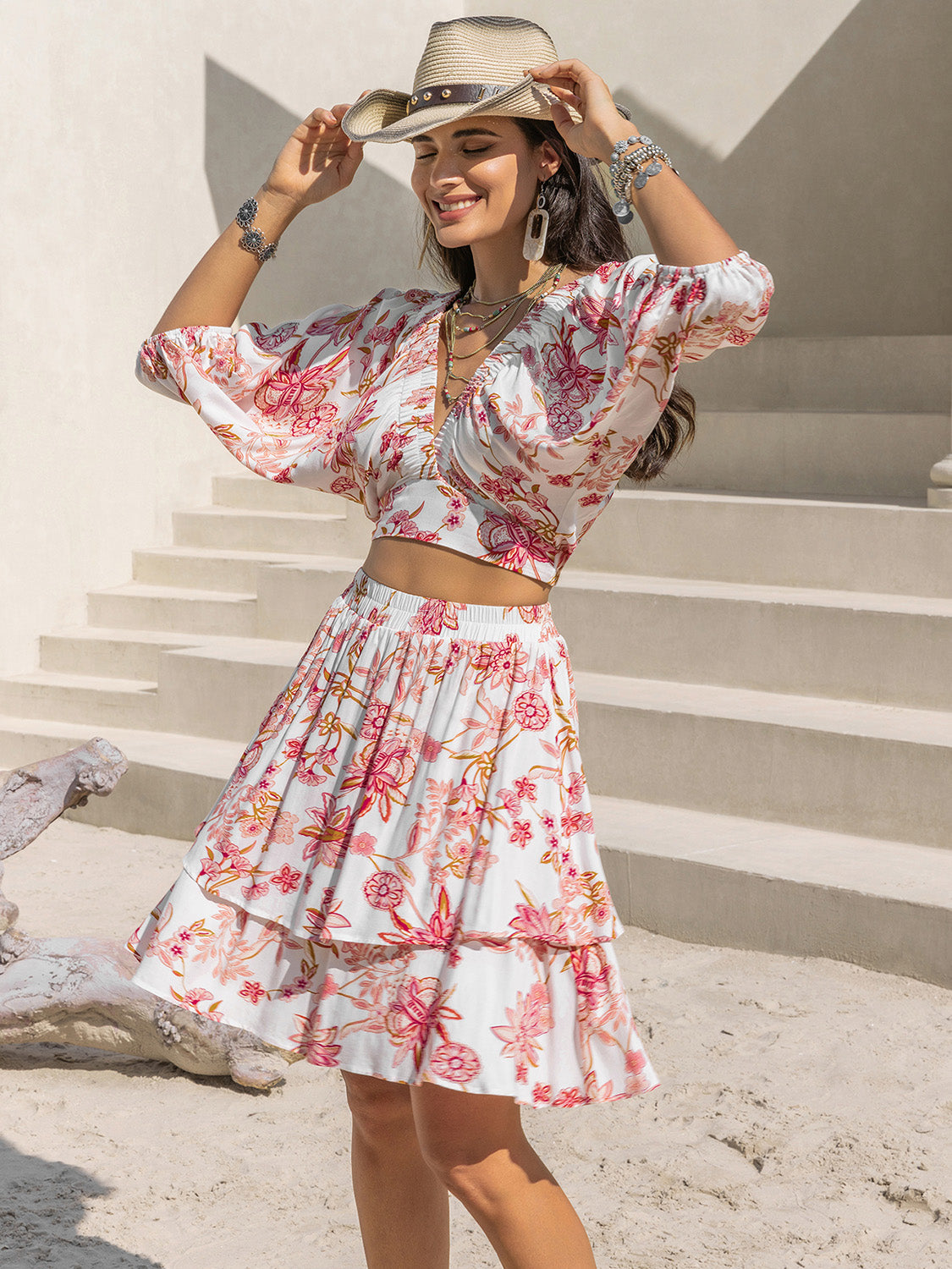 Zephariel Printed Half Sleeve Top and Layered Skirt Set