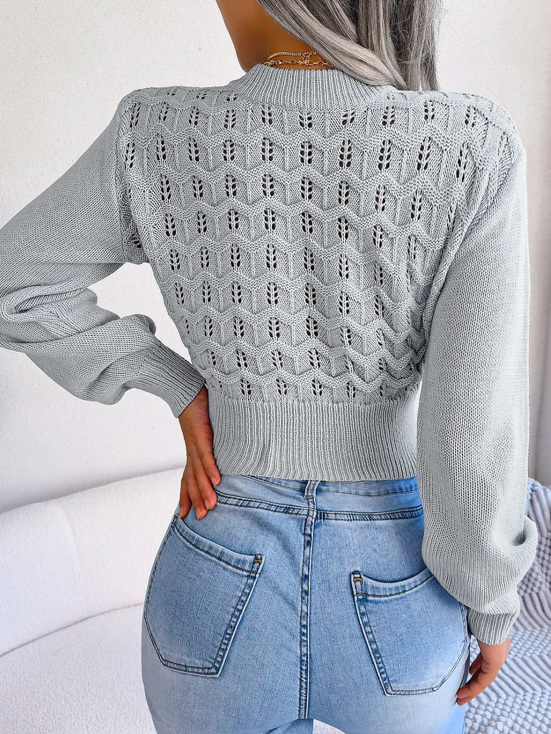 Zephariel Openwork Mock Neck Long Sleeve Cropped Sweater