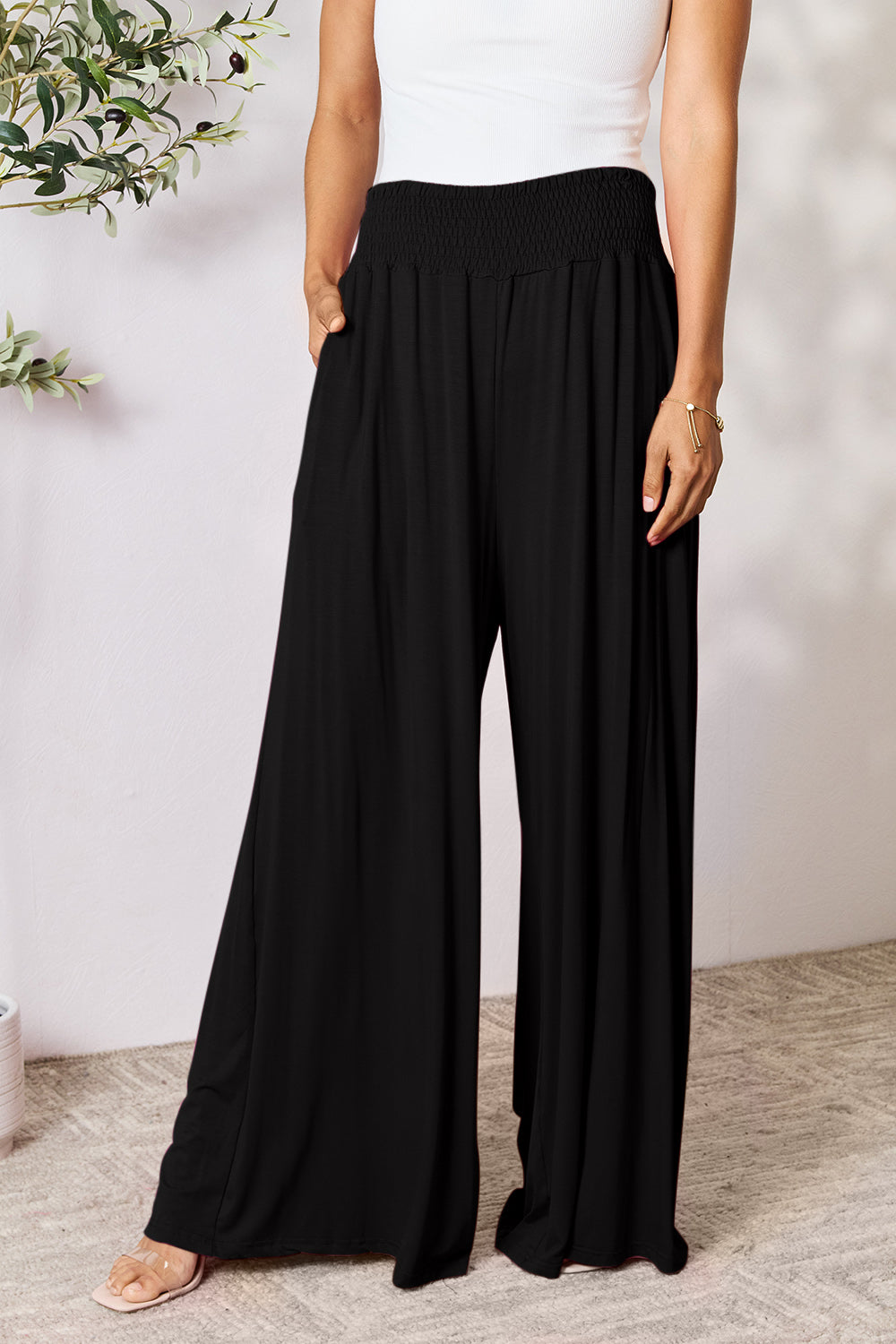 Zephariel  Smocked Wide Waistband Wide Leg Pants