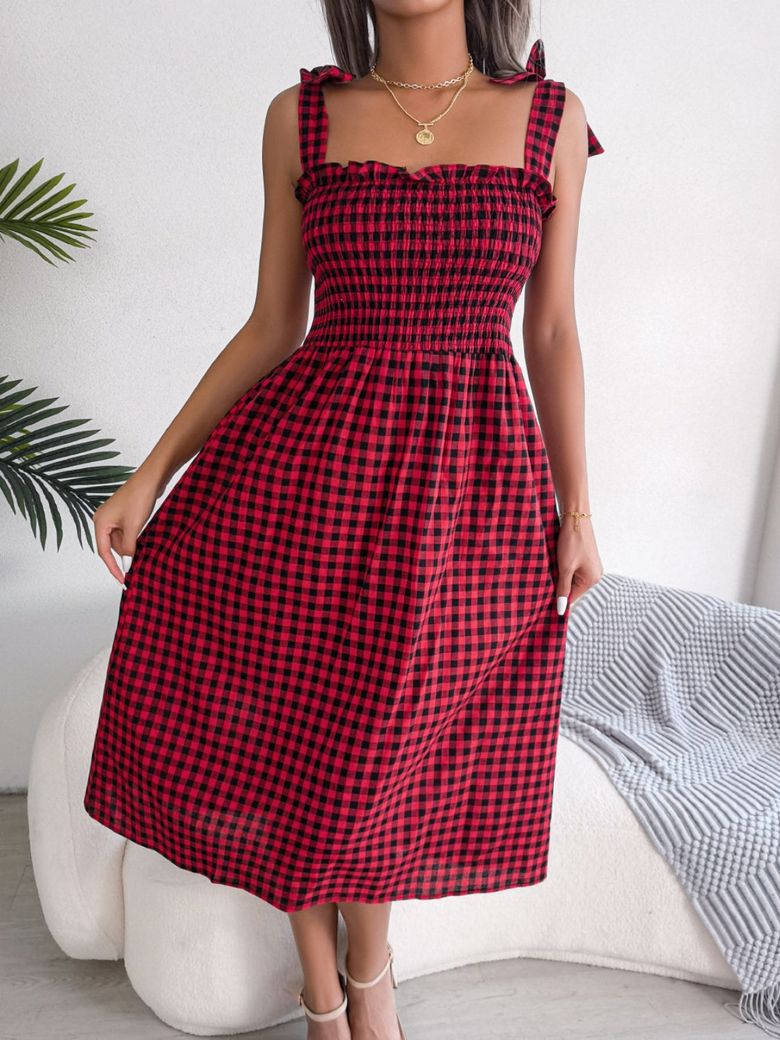 Zephariel Frill Plaid Square Neck Midi Dress