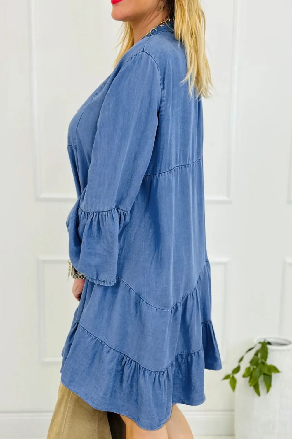 Zephariel Notched Flare Sleeve Denim Dress