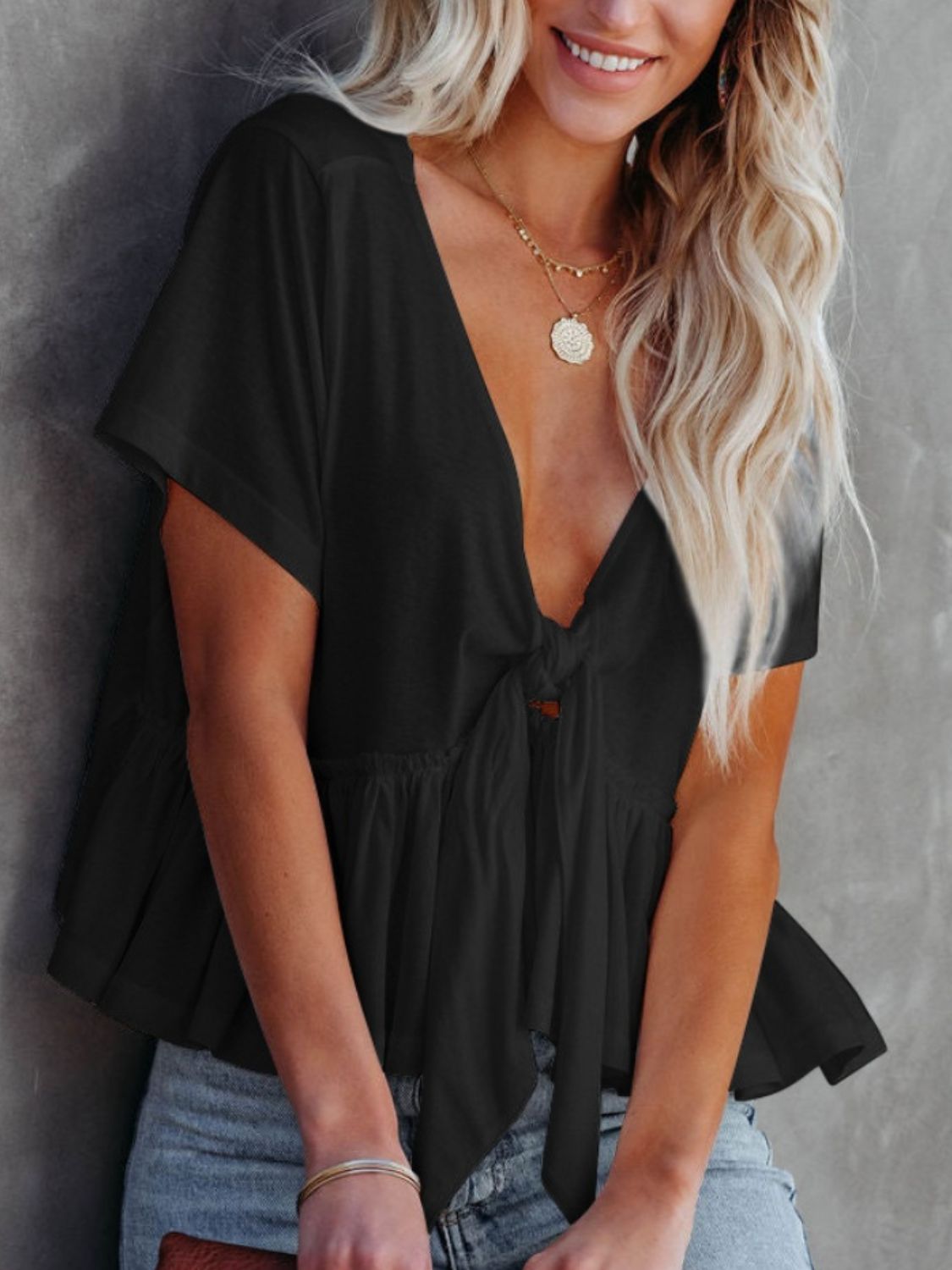 Zephariel Tied Plunge Short Sleeve Blouse