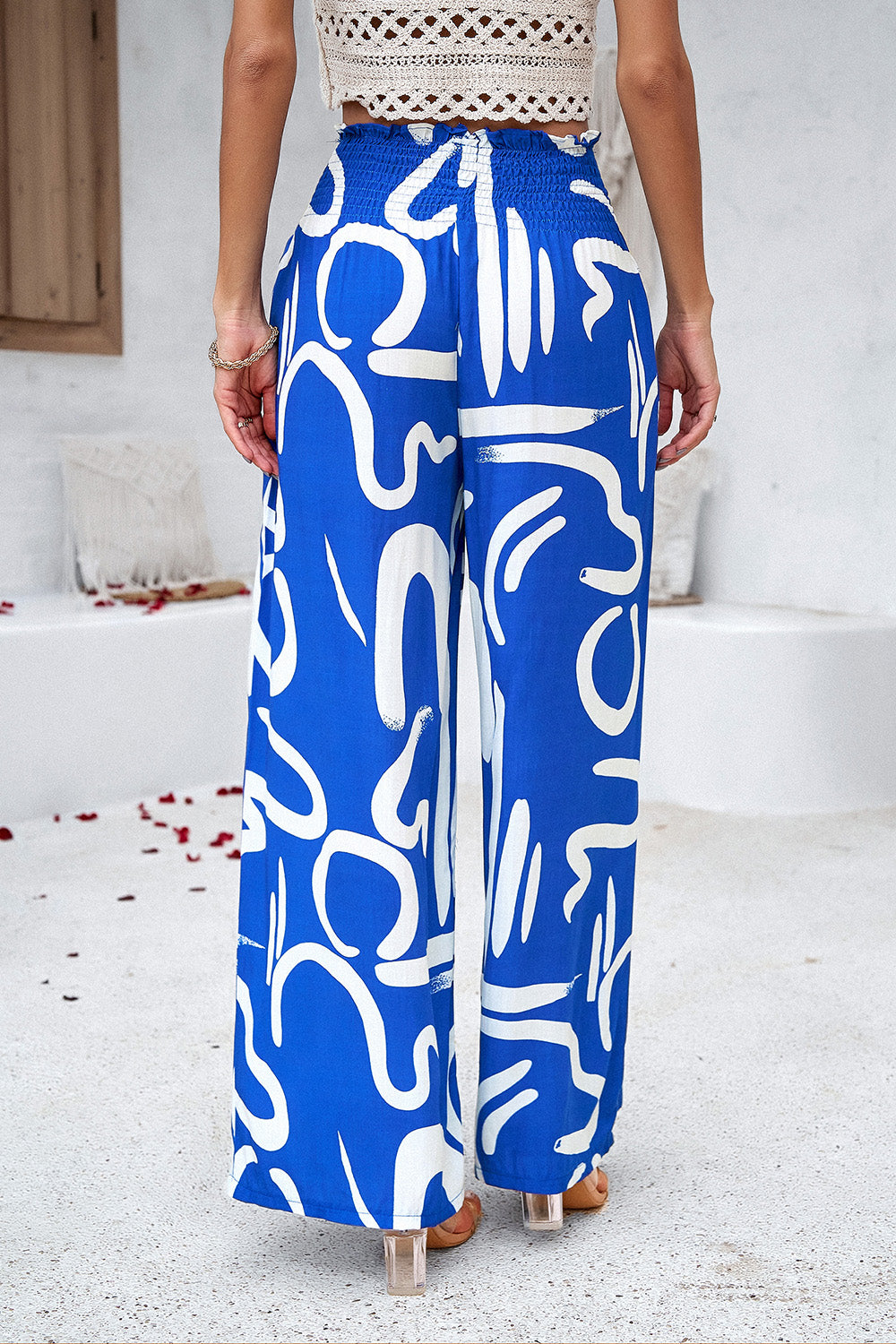 Zephariel Smocked Printed Wide Leg Pants with Pockets