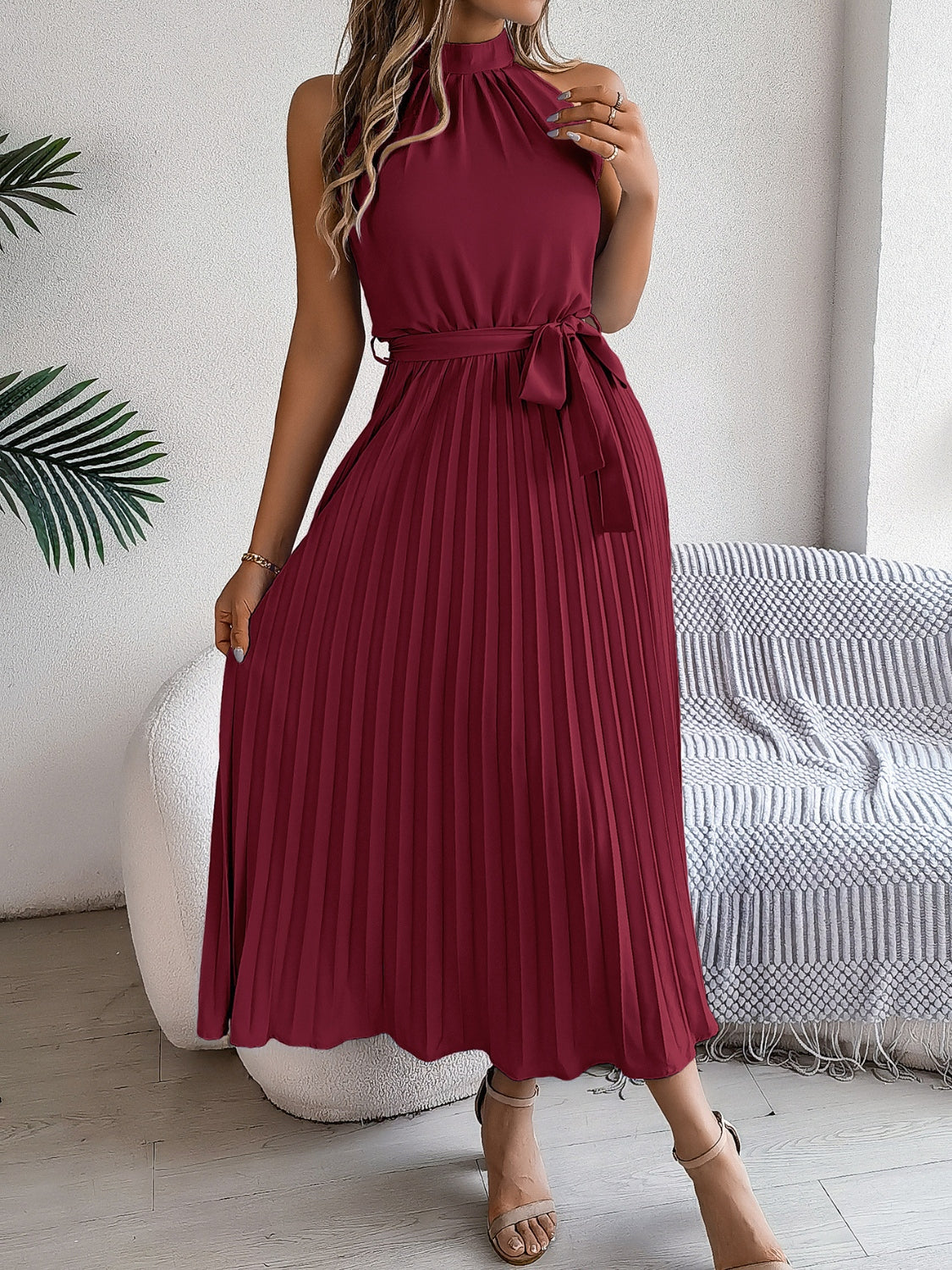 Zephariel Pleated Tie Waist Sleeveless Midi Dress