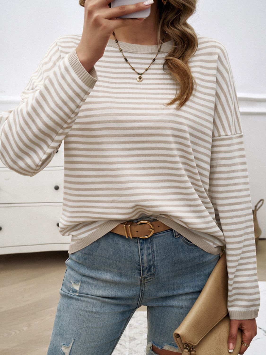 Zephariel Striped Round Neck Dropped Shoulder Sweater