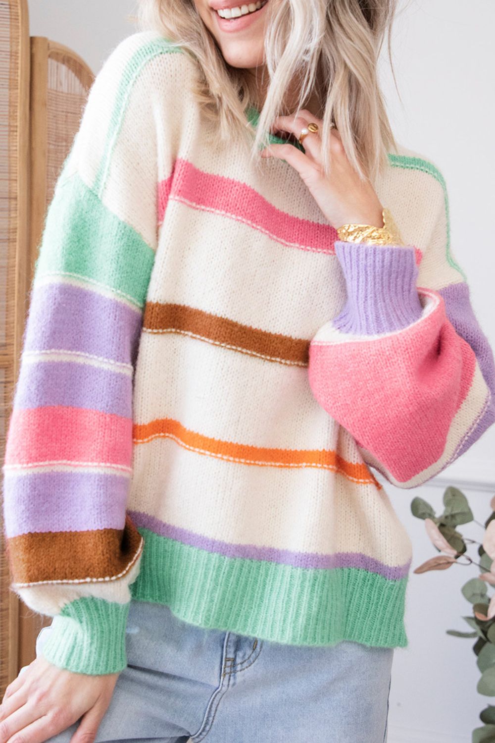 Zephariel Contrast Striped Round Neck Drop Shoulder Sweater