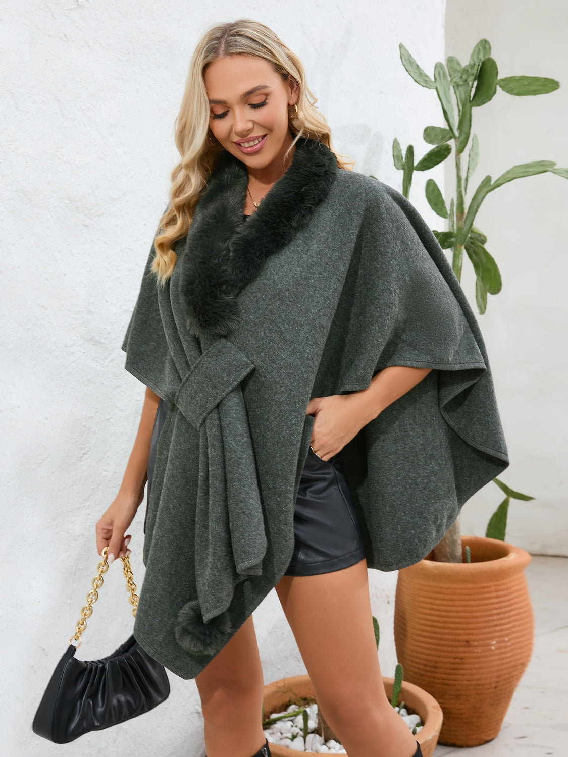 Zephariel Fuzzy Trim Open Front Poncho