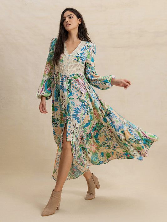 Zephariel Slit Printed V-Neck Long Sleeve Midi Dress