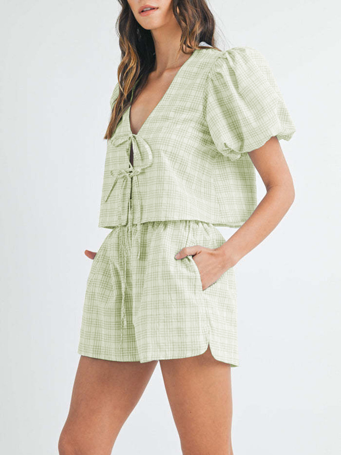 Zephariel V-Neck Puff Sleeve Top and Shorts Set