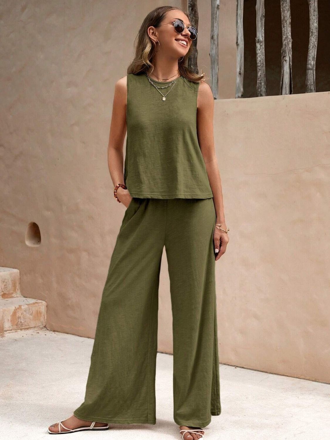 Zephariel Round Neck Sleeveless Top and Wide Leg Pants Set