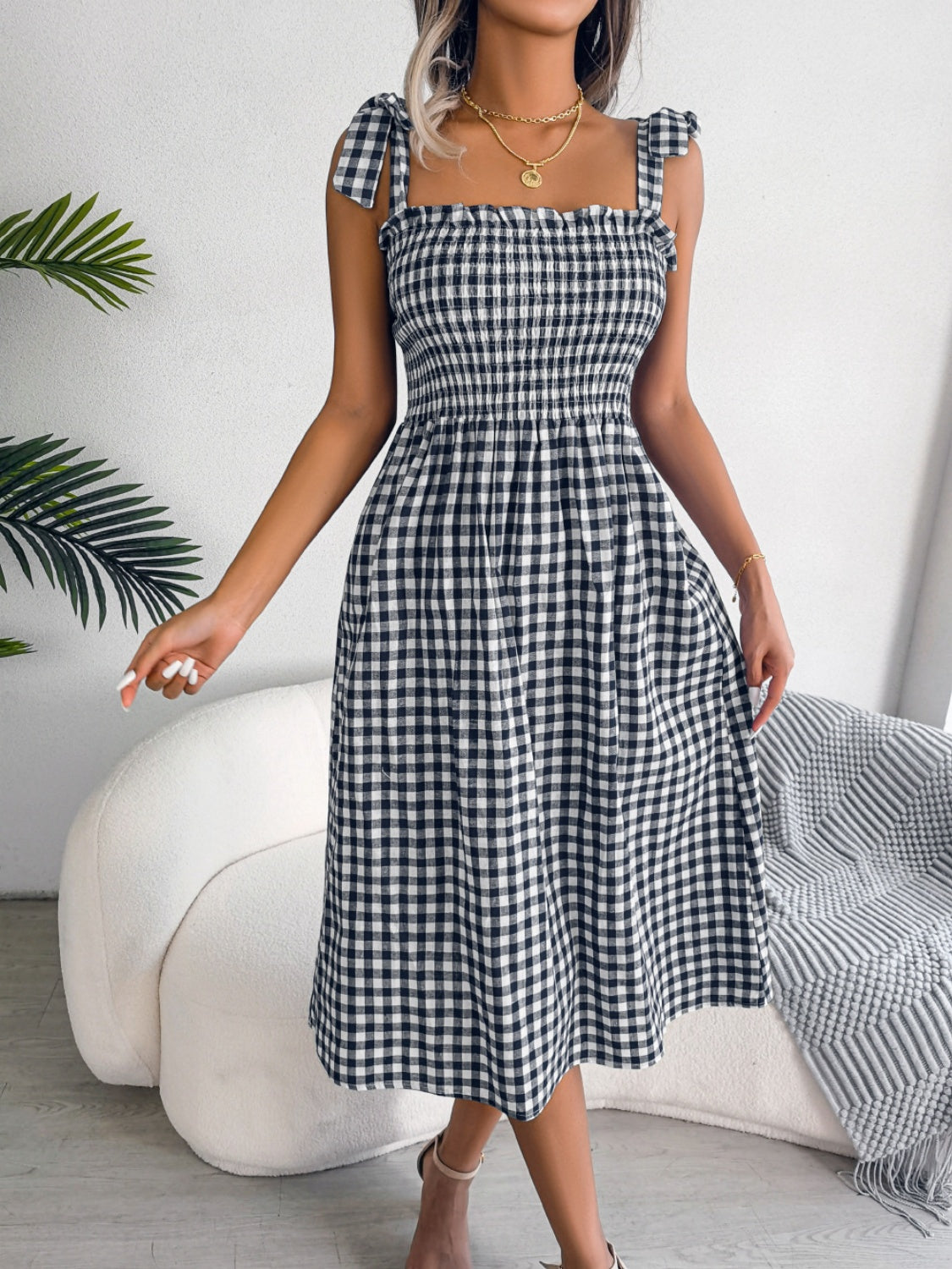 Zephariel Frill Plaid Square Neck Midi Dress