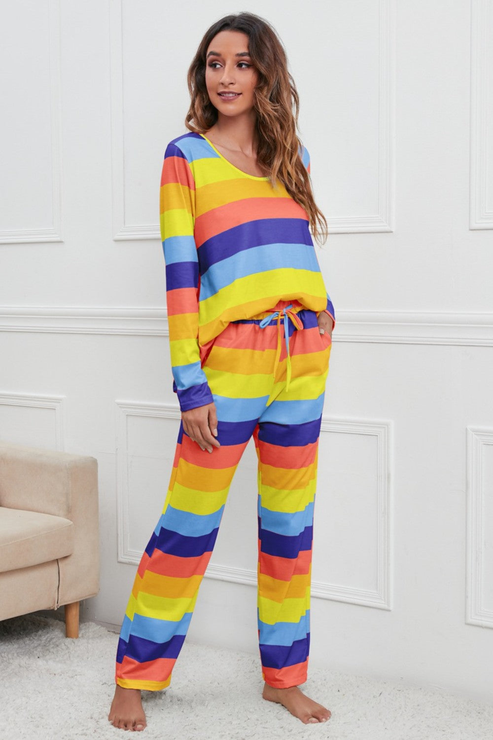 Zephariel Striped Round Neck Long Sleeve Top and Drawstring Pants Lounge Set