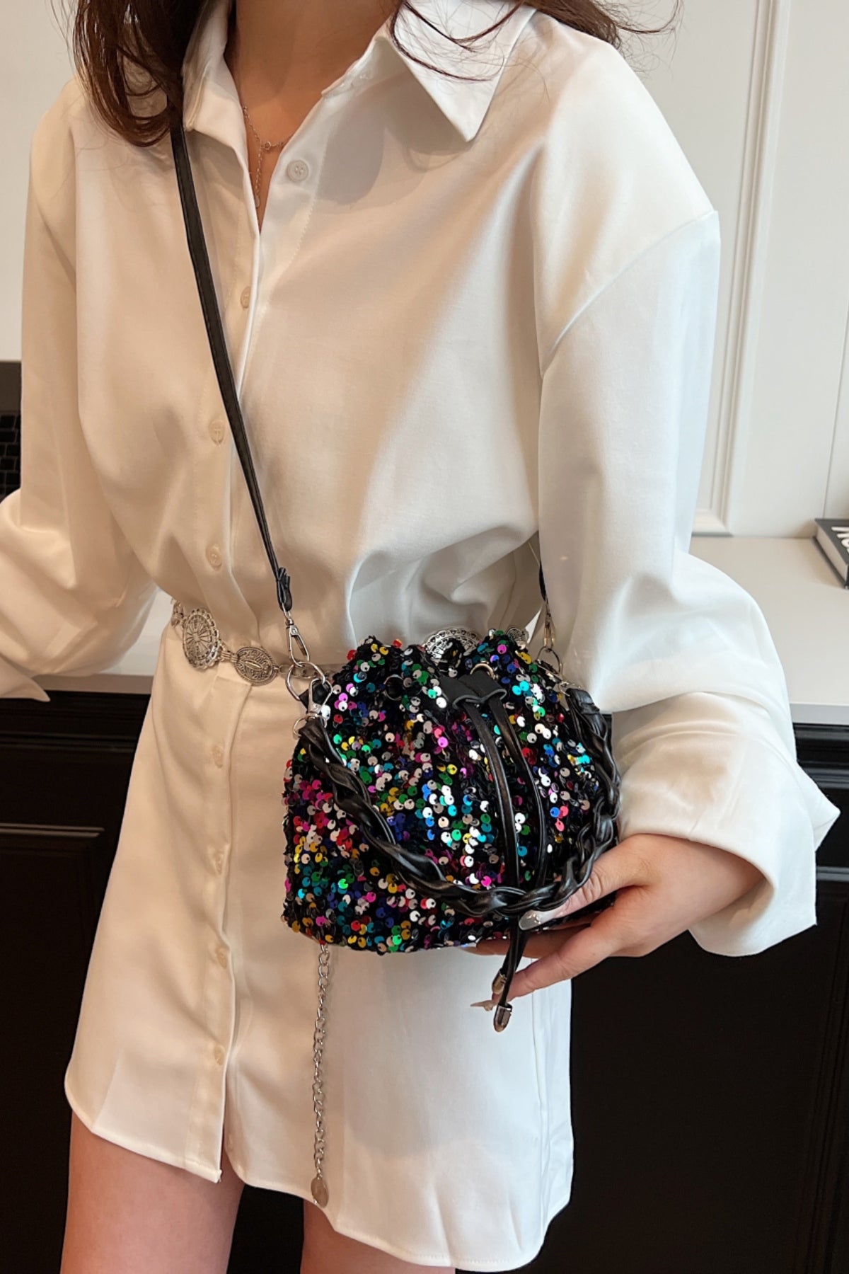 Zephariel Sequin Drawstring Bucket Bag